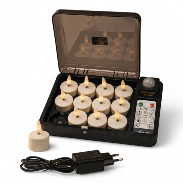 Home 9 3D LED-waxinelys DORSETTO – 12 stk. genopladelige med fjernbetjening, timer og opladeboks