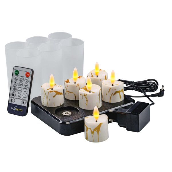 Home 23 3D genopladelige LED-waxine-/thelys DORSETTO – 6 stk. med fjernbetjening, timer og marmoreret design