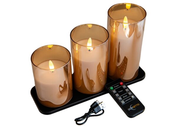 Skab hygge i hjemmet med DORSETTO genopladelige LED-lys (3 stk., 105 timers brændetid, med fjernbetjening). Elegant design og avanceret teknologi til langvarig stemning.