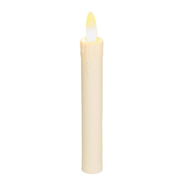 Det genopladelige LED-dinerlys DORSETTO 150 mm (løst) er et enkelt, cremefarvet, flammeløst lys med en gul-orange LED-flamme, glat overflade og subtile voksdetaljer, fotograferet på hvid baggrund.