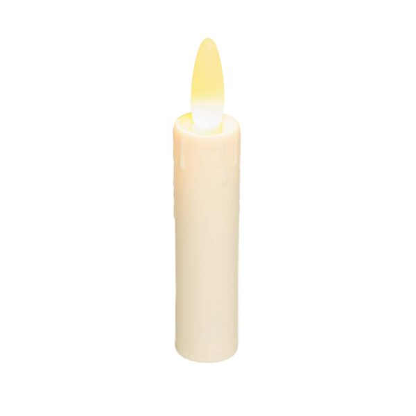 Det genopladelige LED-dinerlys DORSETTO 97 mm (løst) er et cremefarvet LED-lys med en gul-orange flamme, vist stående på en hvid baggrund.