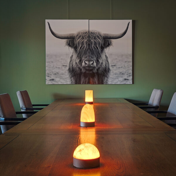 Træbord med tre DORSETTO genopladelige LED-bordlamper (105 timer, vandtætte) i grøn marmoreret trælook med fjernbetjening i moderne interiør